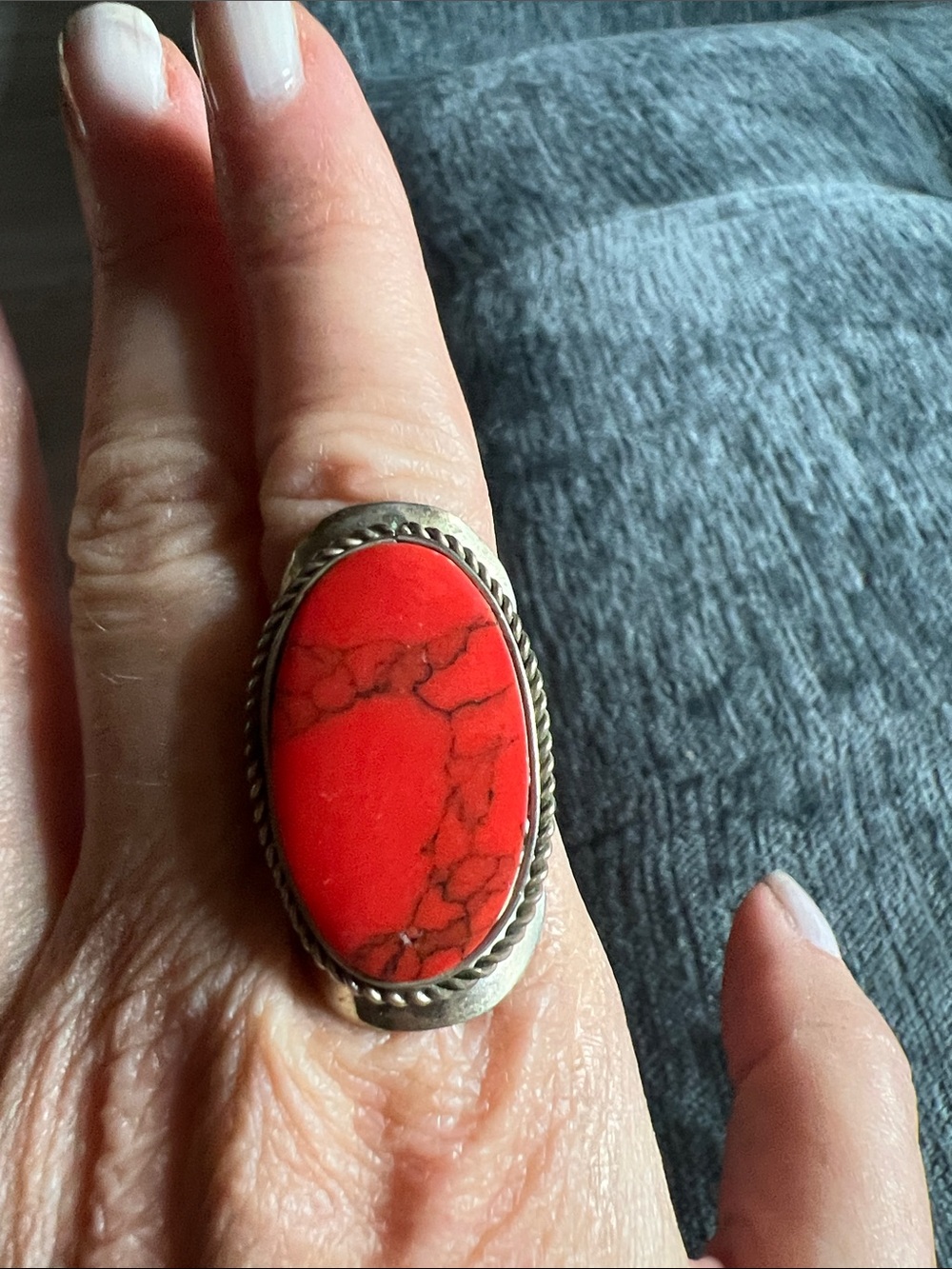 Bold Red Oval Stone Silver-Tone Statement Ring for Women